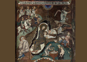 Dark colors; Mary and babe in center; Joseph off to one side, looking away; wise men riding in; angels above them; figures disjointed and flat.