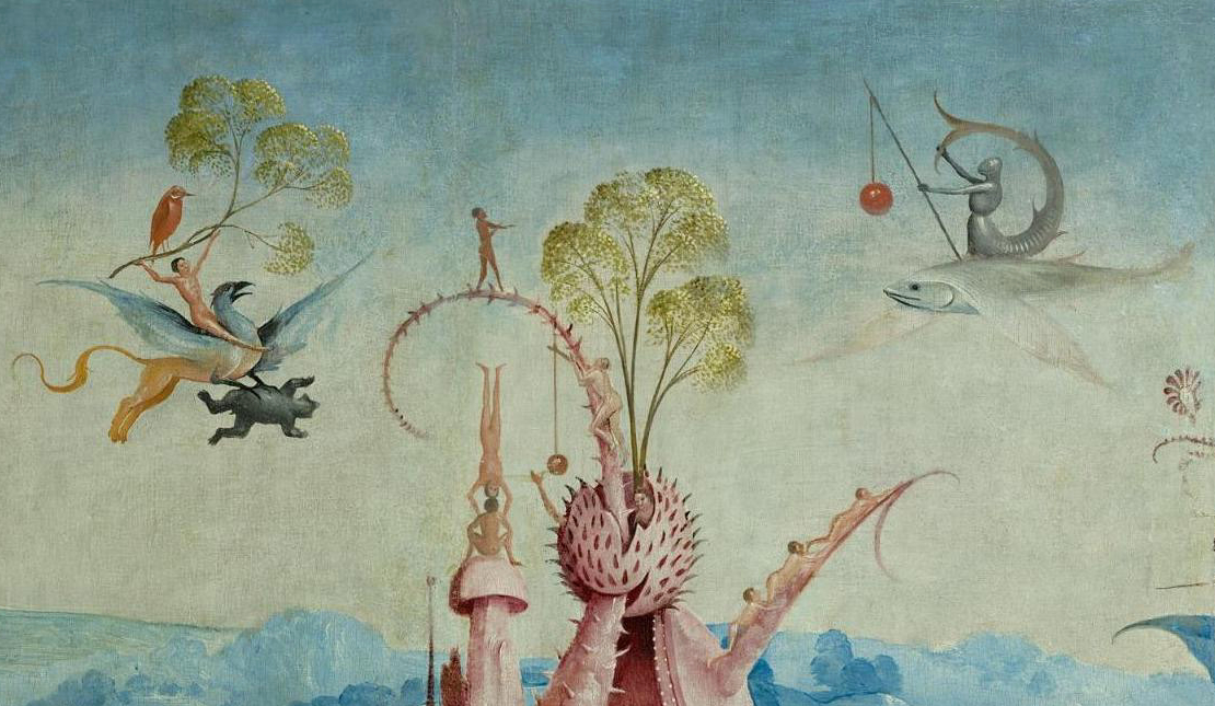 A strange painting. A nude man flying on a sharp-beaked bird with horse's hind legs. Another dressed as a knight but with a mermaid tail flying on flat-winged fish. Some naked people climbing up a pink, tendril-like branch. You have to see it.